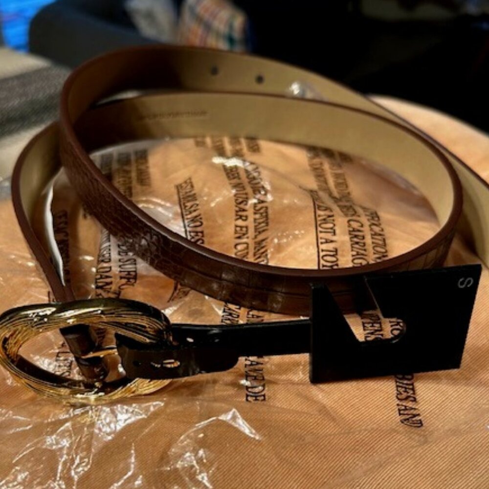 Express Bitter Chocolate Croc-Embossed Twist Ring Buckle Belt